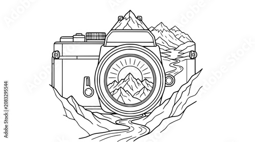 Retro Camera with Mountain Landscape Inside Lens - Travel Photography Concept