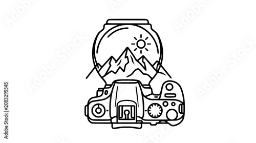 Digital Camera Viewfinder Reflects Mountain Landscape with Sun - Icon Style