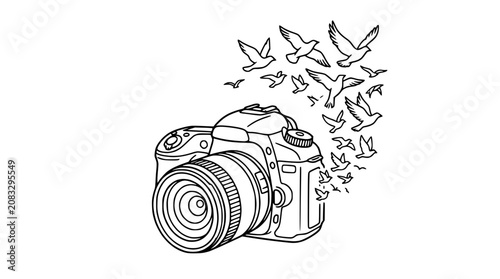 Camera with birds flying out, symbolizing freedom and creativity in photography