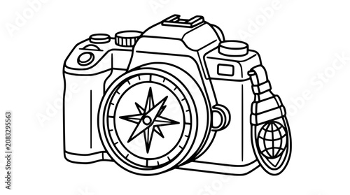 Camera with Compass Lens and Globe Strap - Photography Adventure Concept
