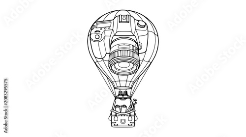 Hot air balloon shaped like a camera, symbolizing photography and travel adventures