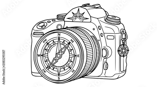 Camera with Compass Lens and Dial - Photography Adventure Concept