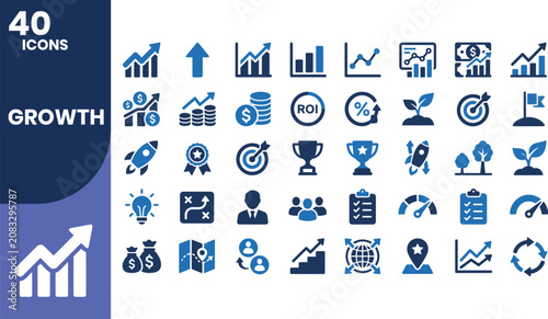 Professional two-tone blue and navy blue growth solid icon set featuring business analytics, financial growth, startup scaling, performance, investment, productivity, and success symbols.