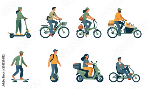 Micro-mobility commuters riding electric scooters and bikes set