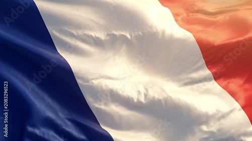 National Flag of France Waving in the Wind with Warm Sunlight Flare Close Up Footage
