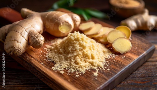 A Close Up Shot Of A Whole Ginger Root And Freshly Grated Ginger On A Rustic Wooden Cutting Board With Natural Light Illuminating The Scene