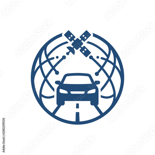 A blue icon showing a car connected to a global satellite system