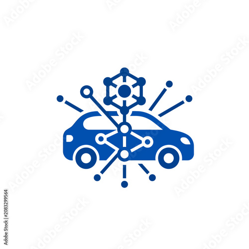 A blue icon showing a car connected to a digital network