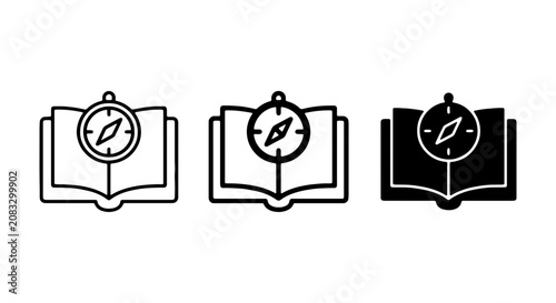 Open Book Compass Icons, Navigation Knowledge Vector Set, Exploration Learning Symbols