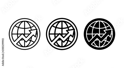 Global Growth Icons, Worldwide Success Symbols, International Finance Charts, Business Progress Vectors