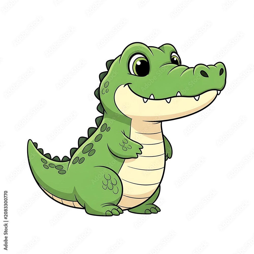 Obraz premium Cute Green Cartoon Crocodile Smiling on White Background