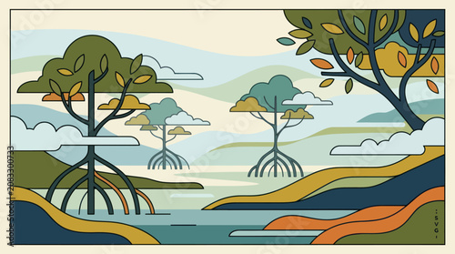 Stylized forest landscape with water and sky