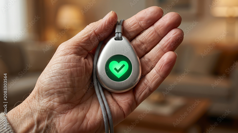 Fototapeta premium Displaying a teardrop-shaped medical alert device held in a wrinkled hand, featuring a glowing green heart icon symbolizing health monitoring.