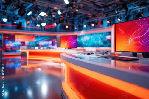 Modern tv studio with empty news desk