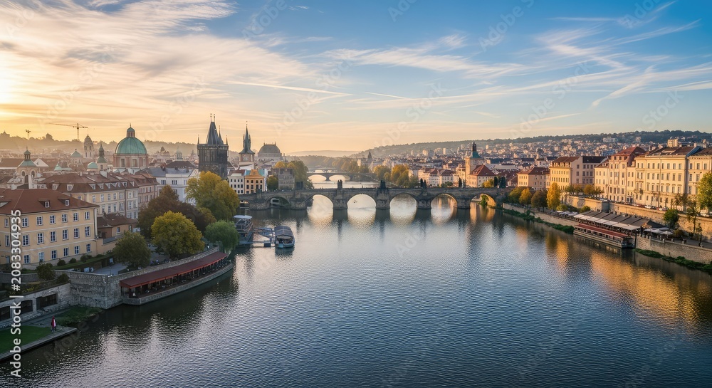 Obraz premium A wide urban landscape featuring a historic river flowing through the heart of an old city under a soft morning sky with beautiful clouds, bricks, scene, development