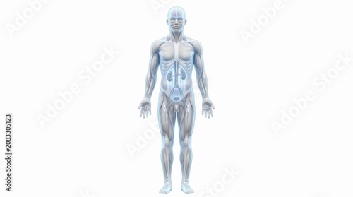 Male human body with glowing lymphatic and circulatory systems