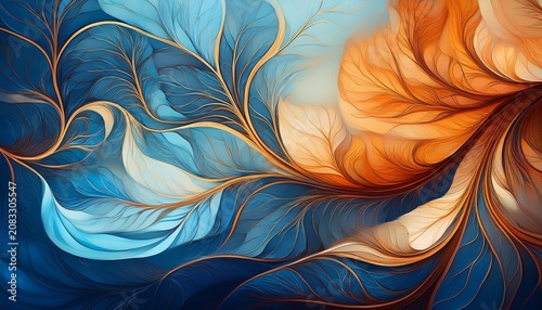 Abstract Fractal Art Blue And Orange Hues Flowing Branches Airy Ethereal