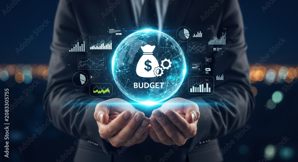 Fototapeta premium Business leader presenting a futuristic digital budget concept, visualizing financial management, data analysis, and strategic planning for economic success