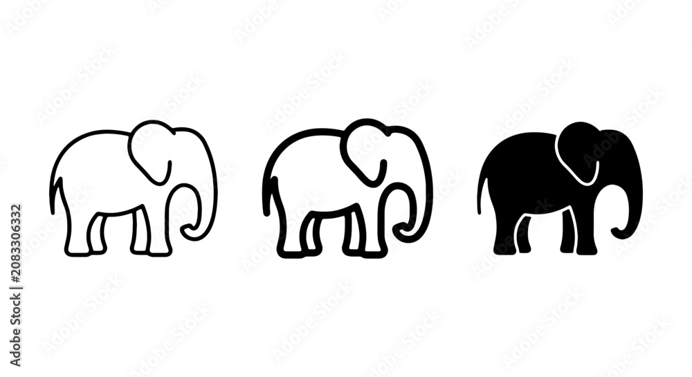 Fototapeta premium Elephant Icons Set, Simple Outline and Silhouette Vector Graphics, Wildlife Animal Symbols