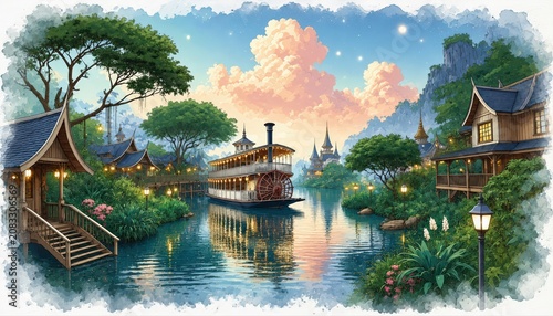 HHistoric paddle steamer on a tropical river among Asian stilt houses at sunset as a digital illustration
