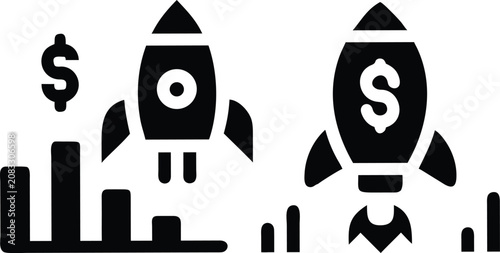 Tableau sur toile Startup launch and business growth financial profit icons set with rocket and rising bar chart design