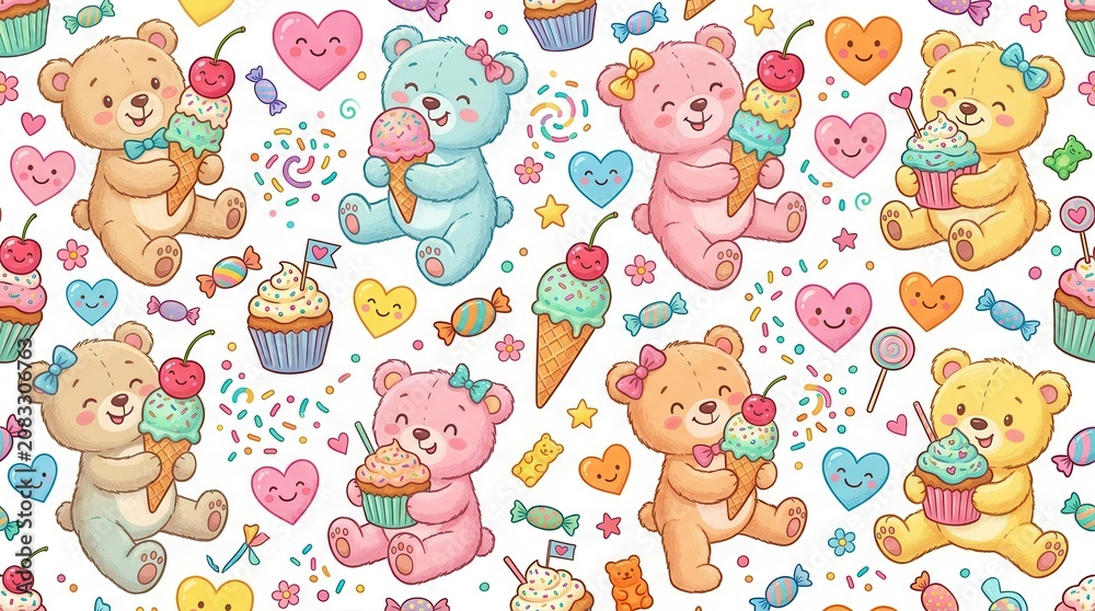 Fototapeta premium Adorable cartoon bears are holding colorful ice cream cones and frosted cupcakes with sprinkles