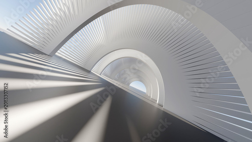 Schilderij op canvas Abstract 3D architectural rendering of a white arched tunnel corridor with dramatic slatted light and shadows