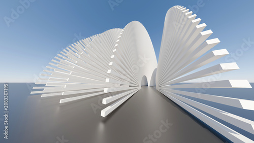 Fotografía Modern 3D architectural rendering of a white parametric structure with fanning slatted wings under a blue sky