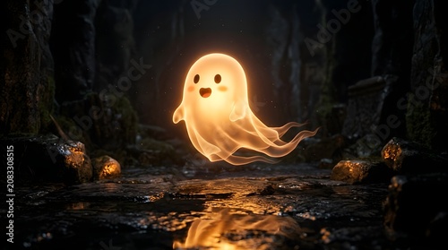 A cute glowing ghost floating in a dark, mysterious stone cavern with reflective wet ground