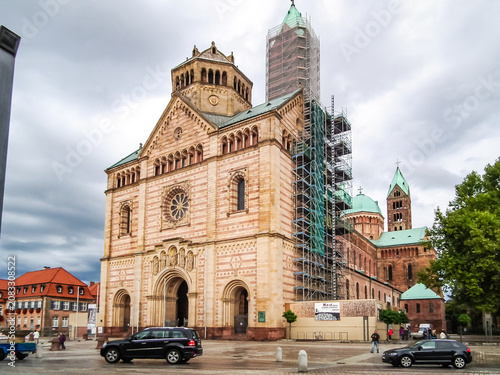 The main facade of Speyerer Dom church building in Speyer in Germany
