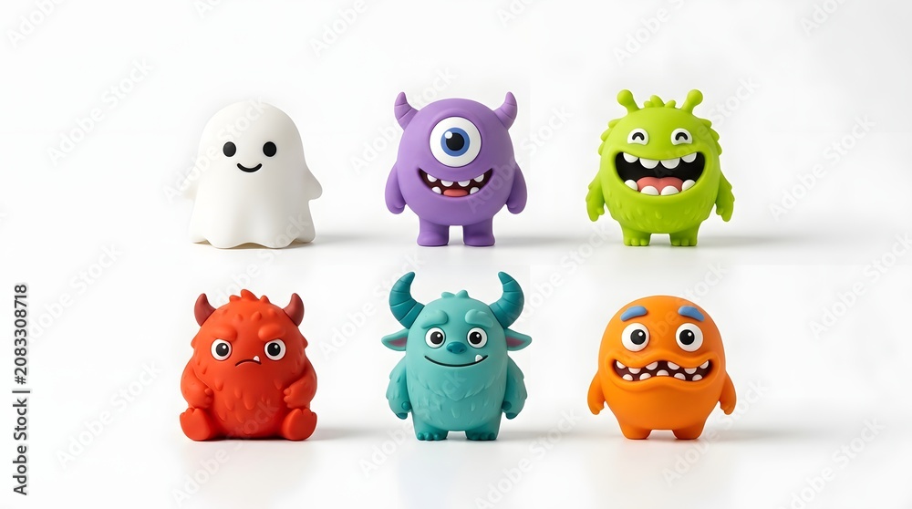 Naklejka premium Collection of six cute colorful monster figurines isolated on white background
