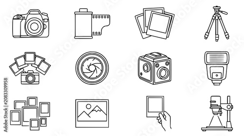 Konstfotografi Photography Icons Set: Camera, Film, Tripod, Flash, Photos, Lens, Darkroom Equip