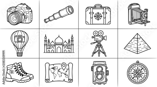 Foto Travel and Adventure Icons: Camera, Telescope, Suitcase, Hot Air Balloon, Map