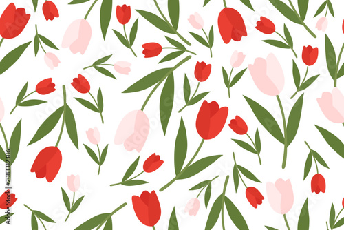 Seamless tulip floral pattern with elegant red and blush pink blooms, green leaves, and a clean white background. Perfect for fabric, wallpaper, wrapping, and decor.