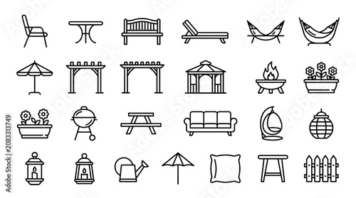 Foto Minimalist Outdoor Furniture Vector Icon Set with Patio Chair Garden Bench Umbre