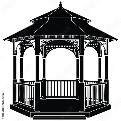 Cuadro en lienzo Silhouette of an octagonal gazebo with railings and decorative elements