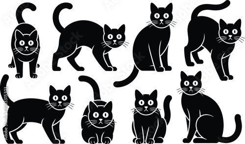 Sticker Set of black cat silhouettes in various sitting and standing vector illustration