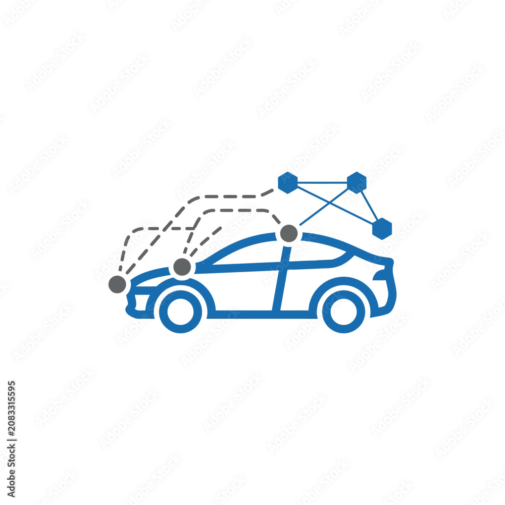 Fototapeta premium A blue icon showing a car with digital network connectivity nodes