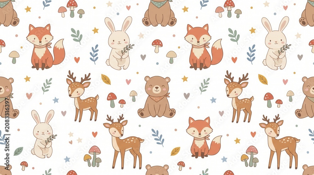 Fototapeta premium Repeating forest friends design: bears, foxes, rabbits, deer, mushrooms, leaves