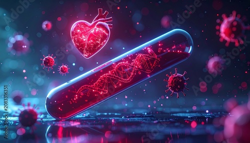 Test tube with virus cells and heart.