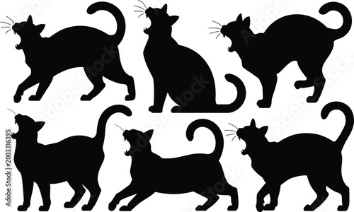 Canvas Print Set of black cat silhouettes in various aggressive or meowing poses