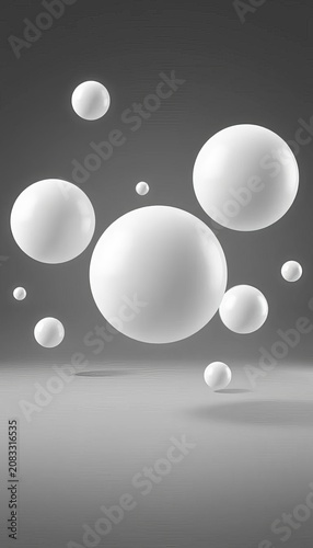 Levitating white spheres suspended in a grayscale atmosphere, contemplation, mystery
