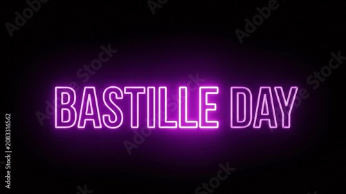 Glowing purple neon sign text Bastille Day flickering on a black background loop