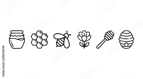 Cuadro en lienzo An illustration shows a honey jar, flowers, a bee, a blossom, and a honey dipper with a hive