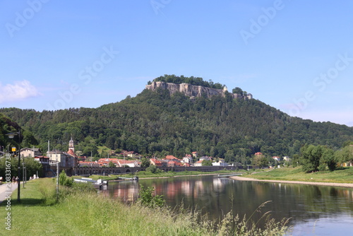 Hilltop fortification and town Königstein at the river Elbe in Saxon Switzerland, Germany