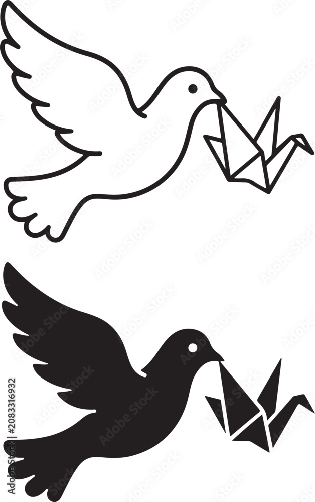 Fototapeta premium Flying Dove Carrying Origami Crane Illustration, Minimalist Black and White Vector Art Design