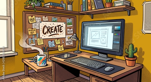 Pop Art Style Creative Graphic Design Workspace with Computer and Mood Board