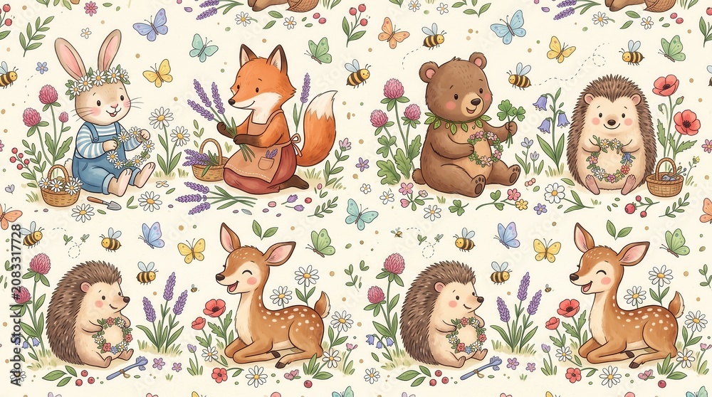 Fototapeta premium Sweet forest animals craft daisy wreaths, pick lavender, and enjoy a charming spring garden