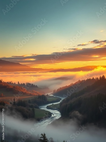 Sunrise over the Isar River valley with fog rolling in from the mountains, fog, mountains