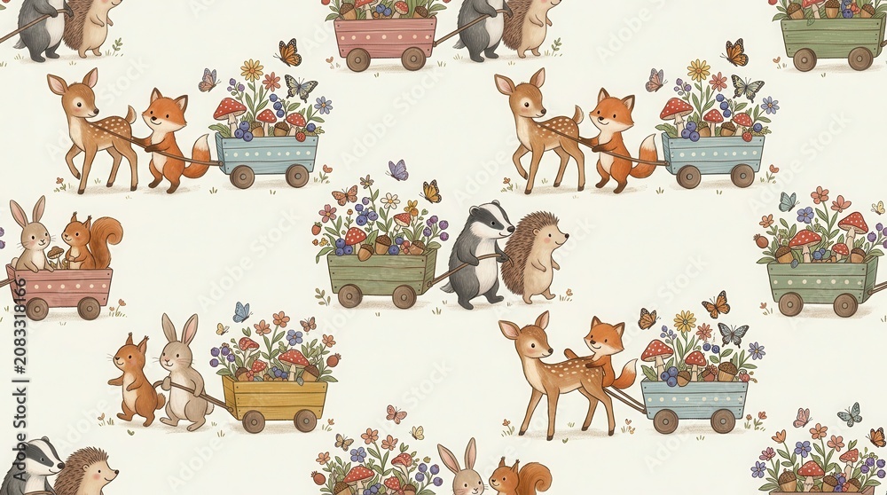 Fototapeta premium Cute woodland animals transport colorful flowers, red mushrooms, and blueberries in small wagons